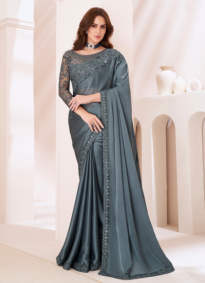 Satin Georgette Grey Party Wear Sequins Embroidered Patch Border Saree