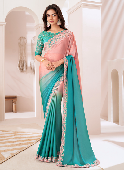 Chiffon Shaded Multicolor Party Wear Sequins Embroidered Patch Border Saree