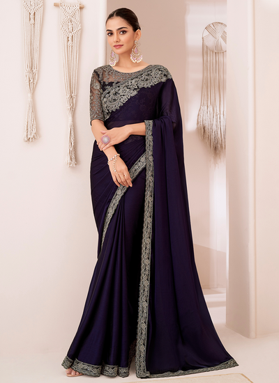 Violet Georgette Chiffon Party Wear Sequins Embroidered Patch Border Saree