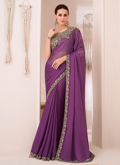 Georgette Chiffon Party Wear Purple Sequins Embroidered Patch Border Saree