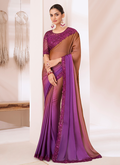 Purple And Rust Chiffon Party Wear Sequins Embroidered Patch Border Saree