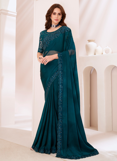 Chiffon Party Wear Teal Sequins Embroidered Patch Border Saree