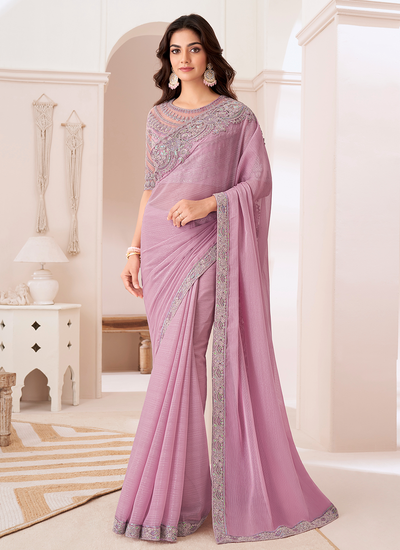 Lilac Chiffon Party Wear Sequins Embroidered Patch Border Saree