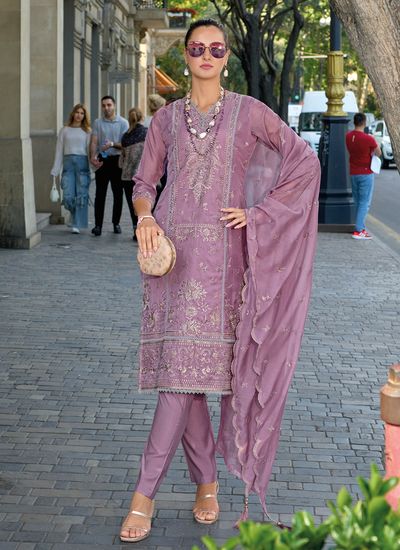 Organza Embroidered Readymade Pakistani Suit In Mauve