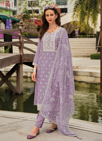 Organza Embroidered Lilac Readymade Pakistani Suit