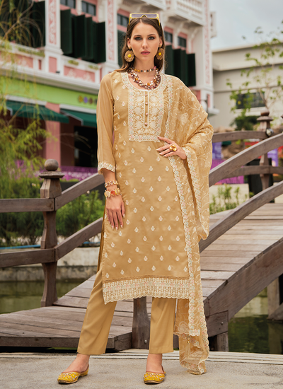 Organza Beige Embroidered Readymade Pakistani Suit