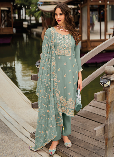 Dusty Sea Green Chiffon Floral Embroidered Readymade Festive Pant Suit