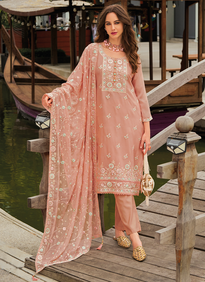 Floral Embroidered Chiffon Peach Readymade Festive Pant Suit