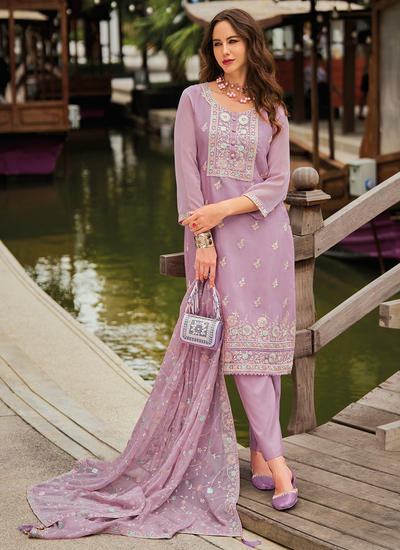 Readymade Lilac Floral Embroidered Chiffon Festive Pant Suit