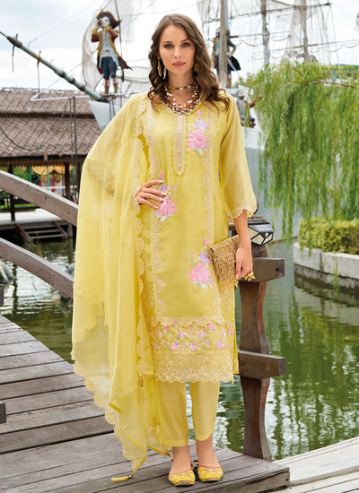 Yellow Embroidered Moti Work Chikankari Organza Readymade Pant Suit