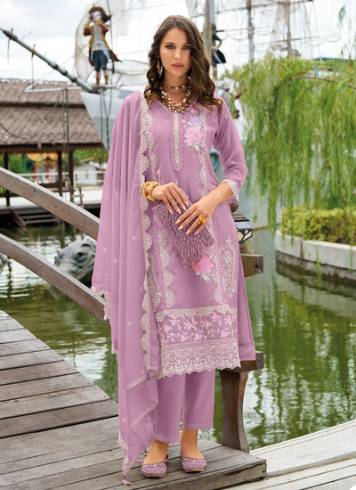 Organza Mauve Embroidered Moti Work Chikankari Readymade Pant Suit