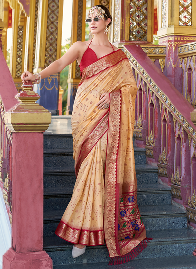 Festive Wear Cream Handloom Zari Weaving Tussar Silk Patola Design Pallu Saree