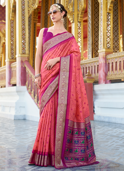 Festive Wear Tussar Silk Peachy Pink Handloom Zari Weaving Patola Design Pallu Saree