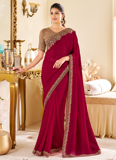 Magenta Two Tone Silk Sequins Embroidered Patch Border Party Wear Saree With Heavy Blouse