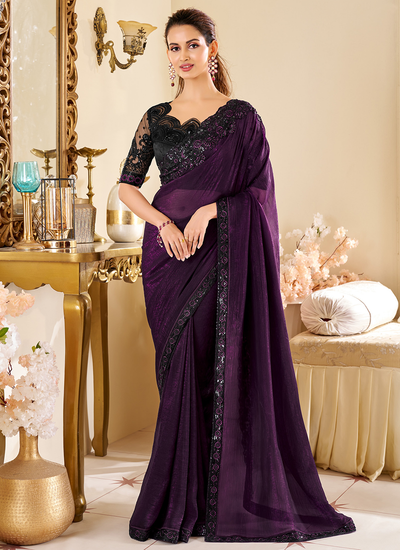 Sequins Embroidered Patch Border Purple Party Wear Soft Silk Saree With Heavy Blouse