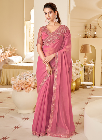 Latest Pink Soft Silk Sequins Embroidered Patch Border Party Wear Saree With Heavy Blouse