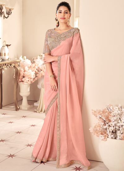 Peach Party Wear Two Tone Georgette Sequins Embroidered Patch Border Saree With Heavy Blouse