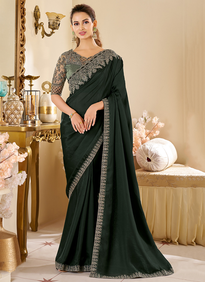 Party Wear Two Tone Georgette Dark Green Sequins Embroidered Patch Border Saree With Heavy Blouse