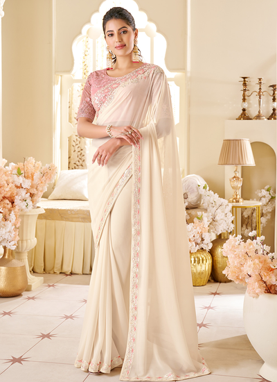 Ivory Sequins Embroidered Patch Border Party Wear Two Tone Georgette Saree With Heavy Blouse