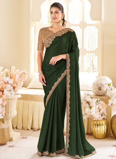 Two Tone Georgette Sequins Embroidered Patch Border Green Party Wear Saree With Heavy Blouse