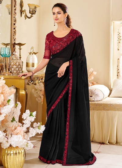 Party Wear Two Tone Georgette Black Sequins Embroidered Patch Border Saree With Heavy Blouse