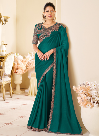 Dark Turquoise Two Tone Georgette Party Wear Sequins Embroidered Patch Border Saree With Heavy Blouse