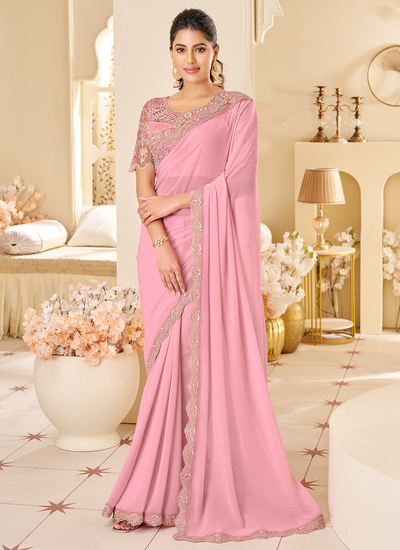 Party Wear Georgette Baby Pink Sequins Embroidered Patch Border Saree With Heavy Blouse