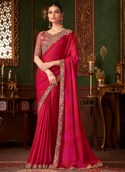 Sequins Embroidered Patch Border Chiffon Shaded Red Party Wear Saree With Heavy Blouse