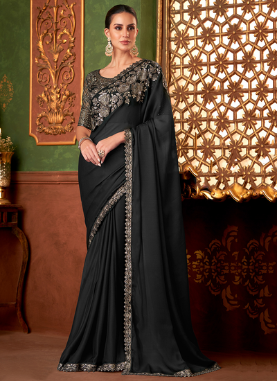 Black Sequins Embroidered Patch Border Chiffon Silk Party Wear Saree With Heavy Blouse