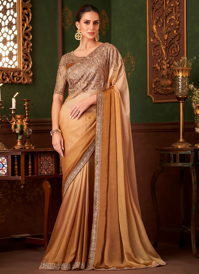 Golden Shaded Sequins Embroidered Patch Border Party Wear Satin Chiffon Saree With Heavy Blouse