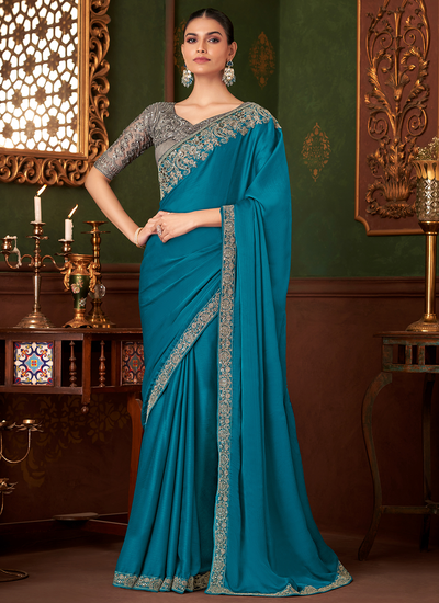 Ocean Blue Chiffon Sequins Embroidered Patch Border Party Wear Saree With Heavy Blouse