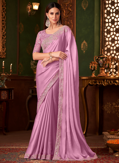 Chiffon Sequins Embroidered Onion Pink Patch Border Party Wear Saree With Heavy Blouse