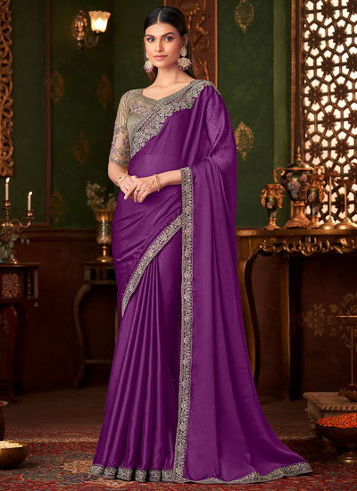 Purple Party Wear Chiffon Sequins Embroidered Patch Border Saree With Heavy Blouse