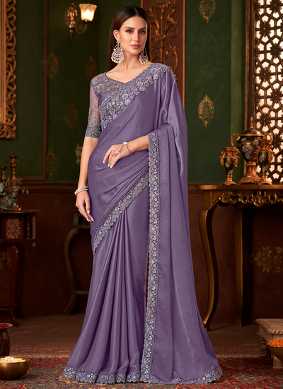 Chiffon Faded Purple Sequins Embroidered Party Wear Patch Border Saree With Heavy Blouse