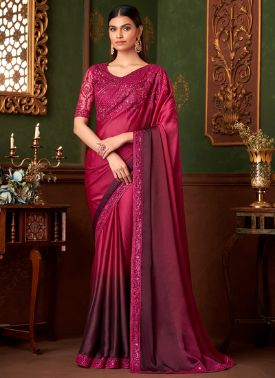 Party Wear Satin Chiffon Magenta Sequins Embroidered Patch Border Saree With Heavy Blouse