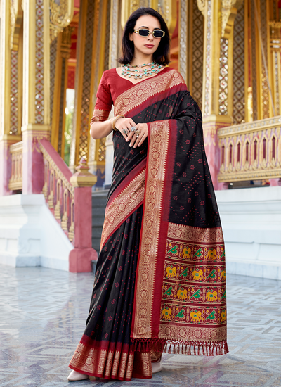 Black Tussar Silk Handloom Zari Weaving Festive Wear Patola Design Pallu Saree