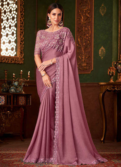 Silk Georgette Party Wear Sequins Embroidered Patch Border Rose Gold Saree With Heavy Blouse