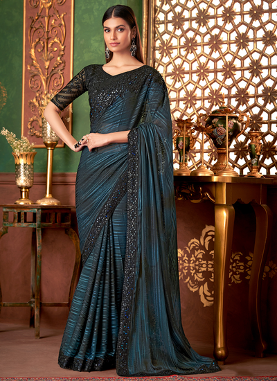 Designer Silk Shaded Blue Party Wear Sequins Embroidered Patch Border Saree With Heavy Blouse