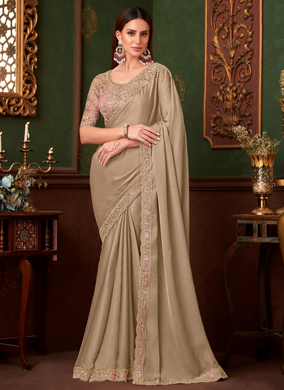 Beige Silk Georgette Sequins Embroidered Patch Border Party Wear Saree With Heavy Blouse