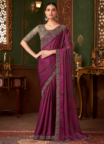 Party Wear Wine Chiffon Sequins Embroidered Patch Border Saree With Heavy Blouse