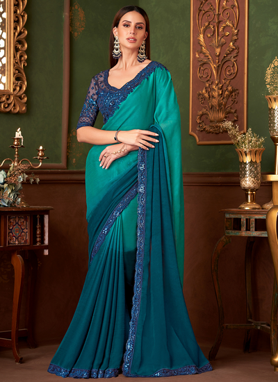 Shaded Turquoise And Blue Satin Chiffon Sequins Embroidered Patch Border Party Wear Saree With Heavy Blouse