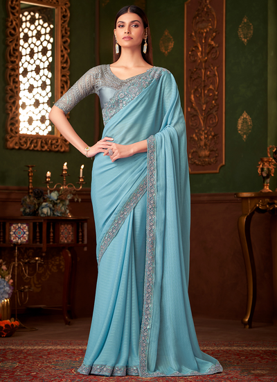 Powder Blue Party Wear Satin Sequins Embroidered Patch Border Saree With Heavy Blouse