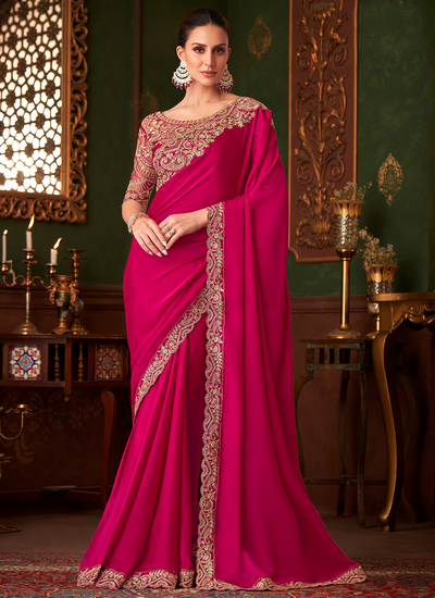 Party Wear Satin Hot Pink Sequins Embroidered Patch Border Saree With Heavy Blouse