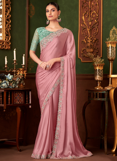 Light Pink Sequins Embroidered Party Wear Chiffon Patch Border Saree With Heavy Blouse