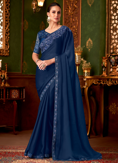 Satin Sequins Embroidered Patch Border Blue Party Wear Saree With Heavy Blouse