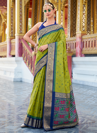 Tussar Silk Handloom Zari Weaving Festive Wear Parrot Green Patola Design Pallu Saree