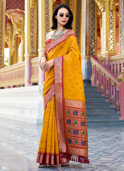 Tussar Silk Yellow Handloom Zari Weaving Festive Wear Patola Design Pallu Saree