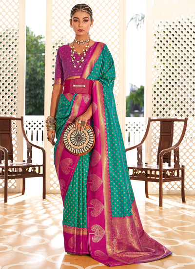 Turquoise Banarasi Buttidar Copper Zari Woven Bridesmaid Saree