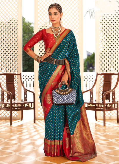 Bridesmaid Wedding Peacock Blue Copper Zari Woven Banarasi Buttidar Saree