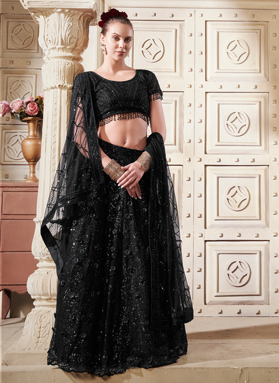 Sequins Flower Patch Black Premium Net Party Wear Lehenga Choli